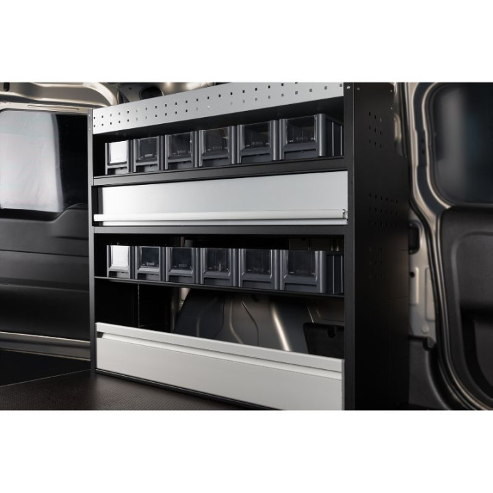 Aménagement PROVAN avec tiroir, étagères et bacs (gauche ou droite) pour Nissan NV200 2009-2018 - vue de côté fourgon