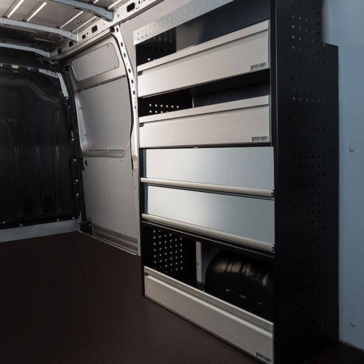 Aménagement PROVAN avec étagères et tiroir (gauche ou droite) pour Mercedes Sprinter 2018+ - vue de côté utilitaire