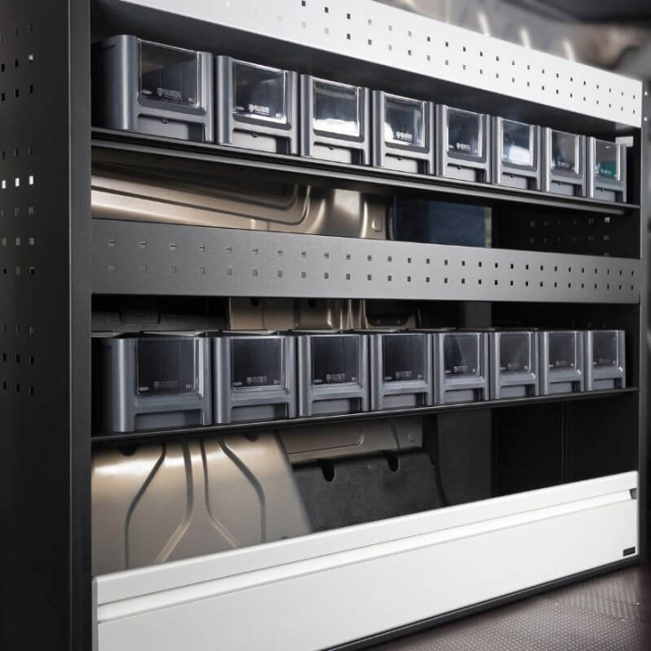 Aménagement PROVAN avec bacs (gauche) pour Ford Courier 2014-2024 - vue de côté utilitaire