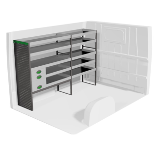 Aménagement pour Opel Movano 2010-2021 gauche avec tiroirs vue de face Aménagement pour Opel Movano 2010-2021 gauche avec tiroirs vue de face