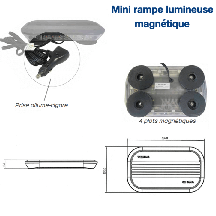 Mini rampe lumineuse LED orange magnétique - dimensions