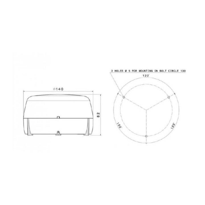 Schéma technique du gyrophare LED bleu : dimensions 140 mm x 82 mm, fixation par 3 vis sur cercle de 130 mm.