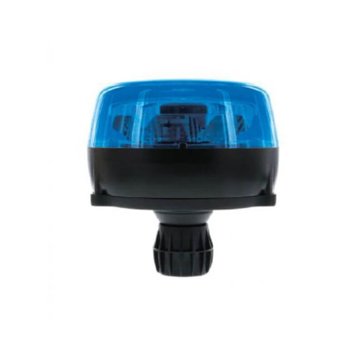 Gyrophare LED bleu double flash avec fixation sur tige DIN – Haute visibilité, étanchéité IP69K, compatible véhicules pros.
