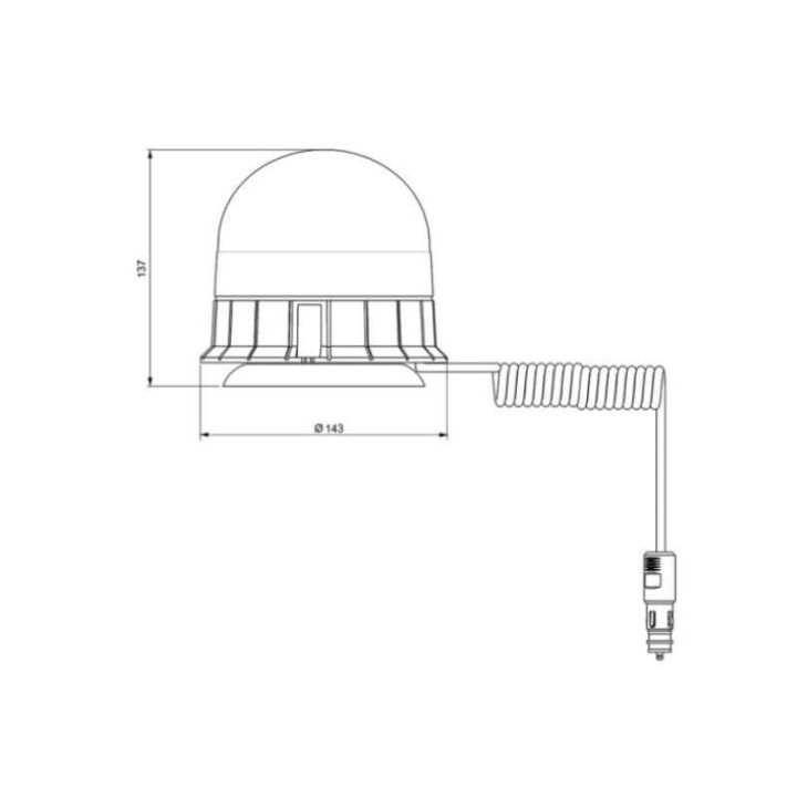 Schéma technique du gyrophare LED écologique E-VENUS : diamètre 143 mm, hauteur 137 mm – câble spiralé avec fiche allume-cigare.