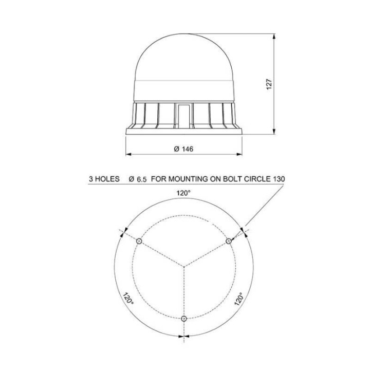 Schéma technique du gyrophare LED écologique - fixation stable par 3 vis.