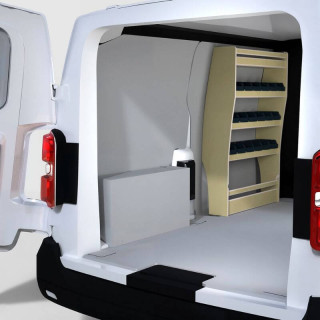 Aménagement compact Peugeot Expert 2016+ avec casier bois et bacs côté gauche