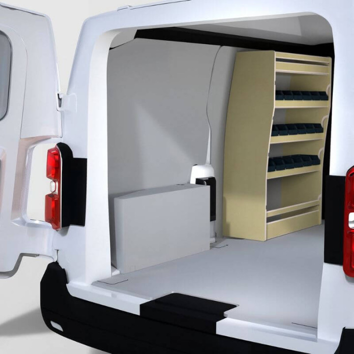 Aménagement Peugeot Expert 2016+ avec casier bois et bacs pour côté gauche