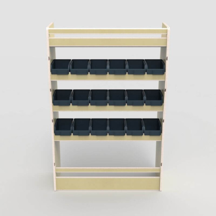 Casier de rangement en bois avec bacs amovibles pour Opel Vivaro 2019+, vue de face.