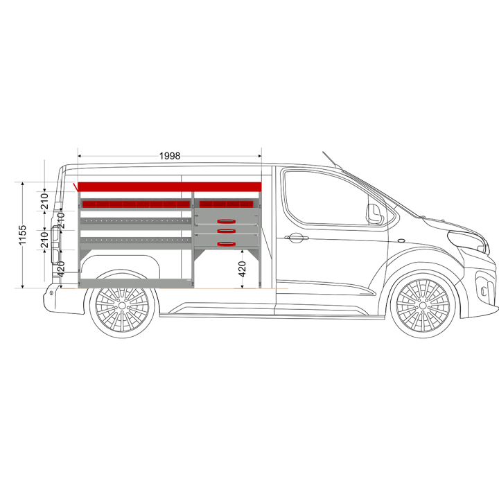 Aménagement métal Peugeot Expert 2016+ Standard (L2) - ZEVIM Standard rouge - côté gauche - vue dans utilitaire et dimensions