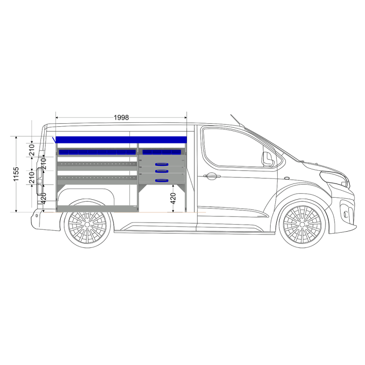 Aménagement métal Toyota Proace 2016+ Medium - ZEVIM Standard bleu - côté gauche - vue dans utilitaire et dimensions