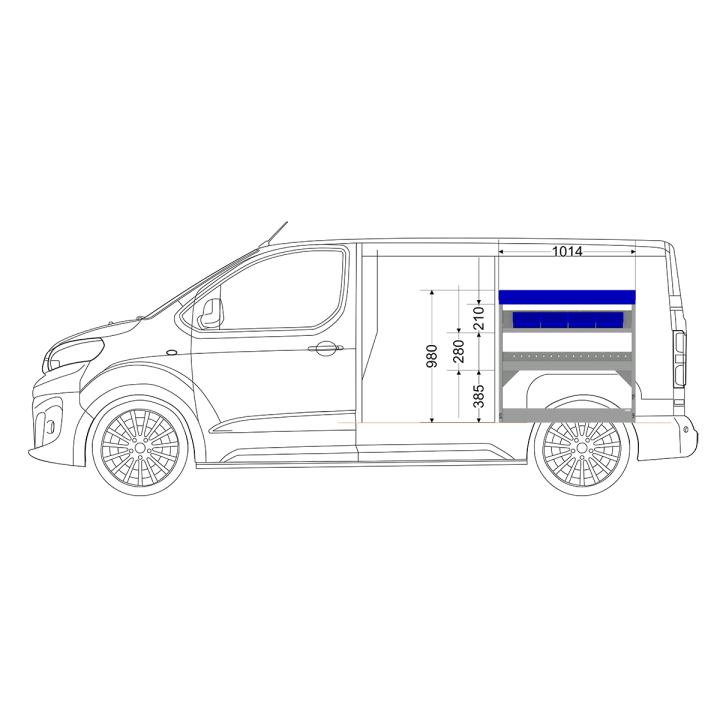 Aménagement métal Toyota Proace Medium (L2) - ZEVIM Economique bleu - côté droit - vue dans utilitaire et dimensions