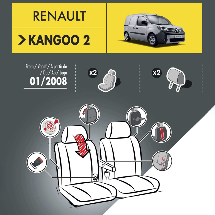 Housses de siège en tissu pour Renault Kangoo - avec accoudoirs et tablette