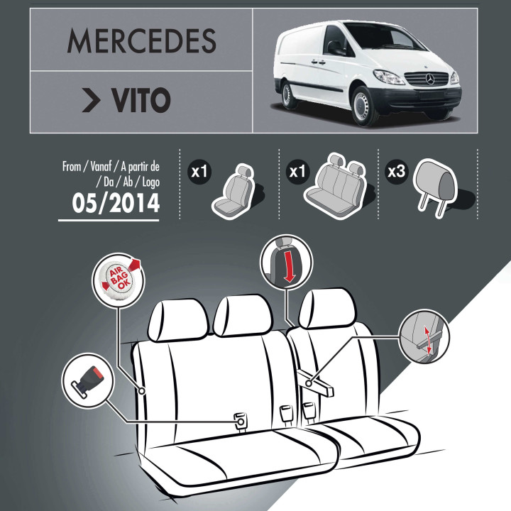 Housses de siège en tissu pour Mercedes Vito - avec accoudoirs et tablette