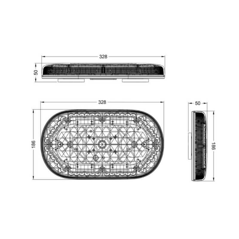 Schéma technique – dimensions de la mini rampe lumineuse LED orange magnétique (328 × 186 × 50 mm)